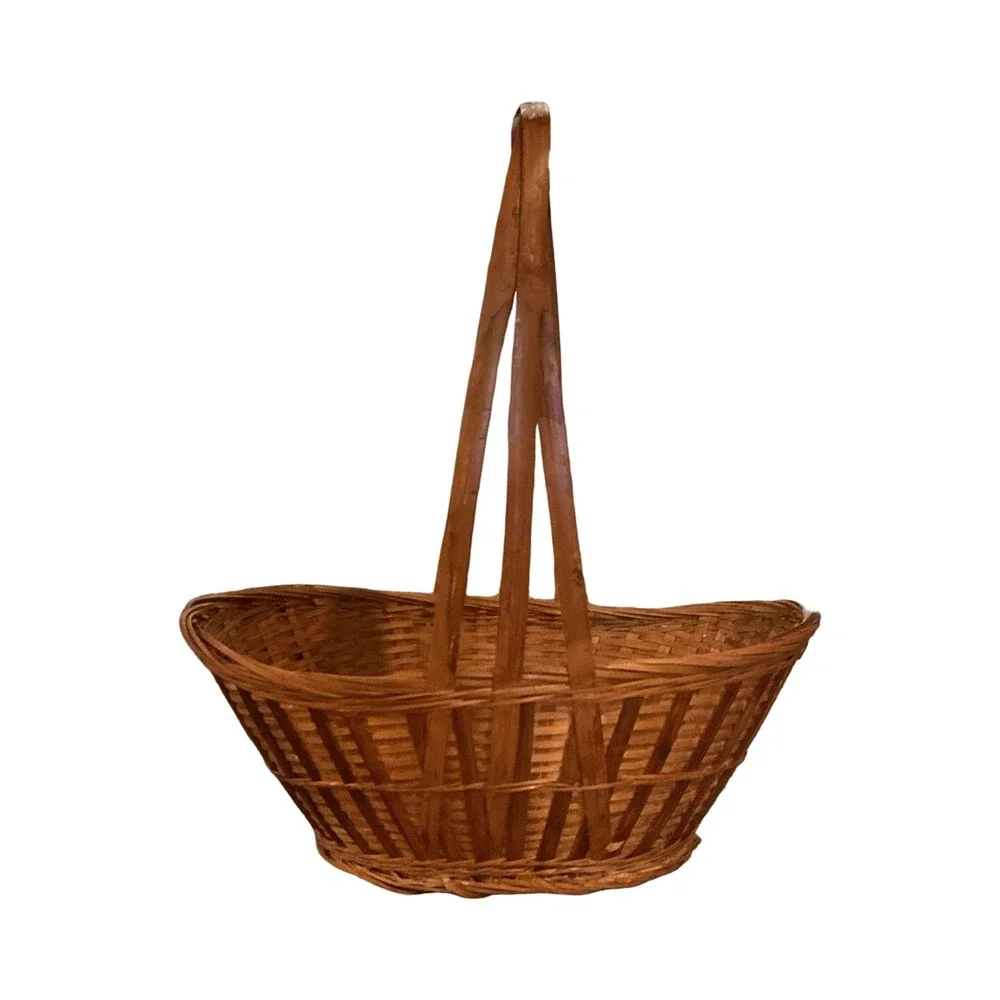 Vintage Woven Wicker Basket Brown High Handle Farmhouse Decor 11x13x7